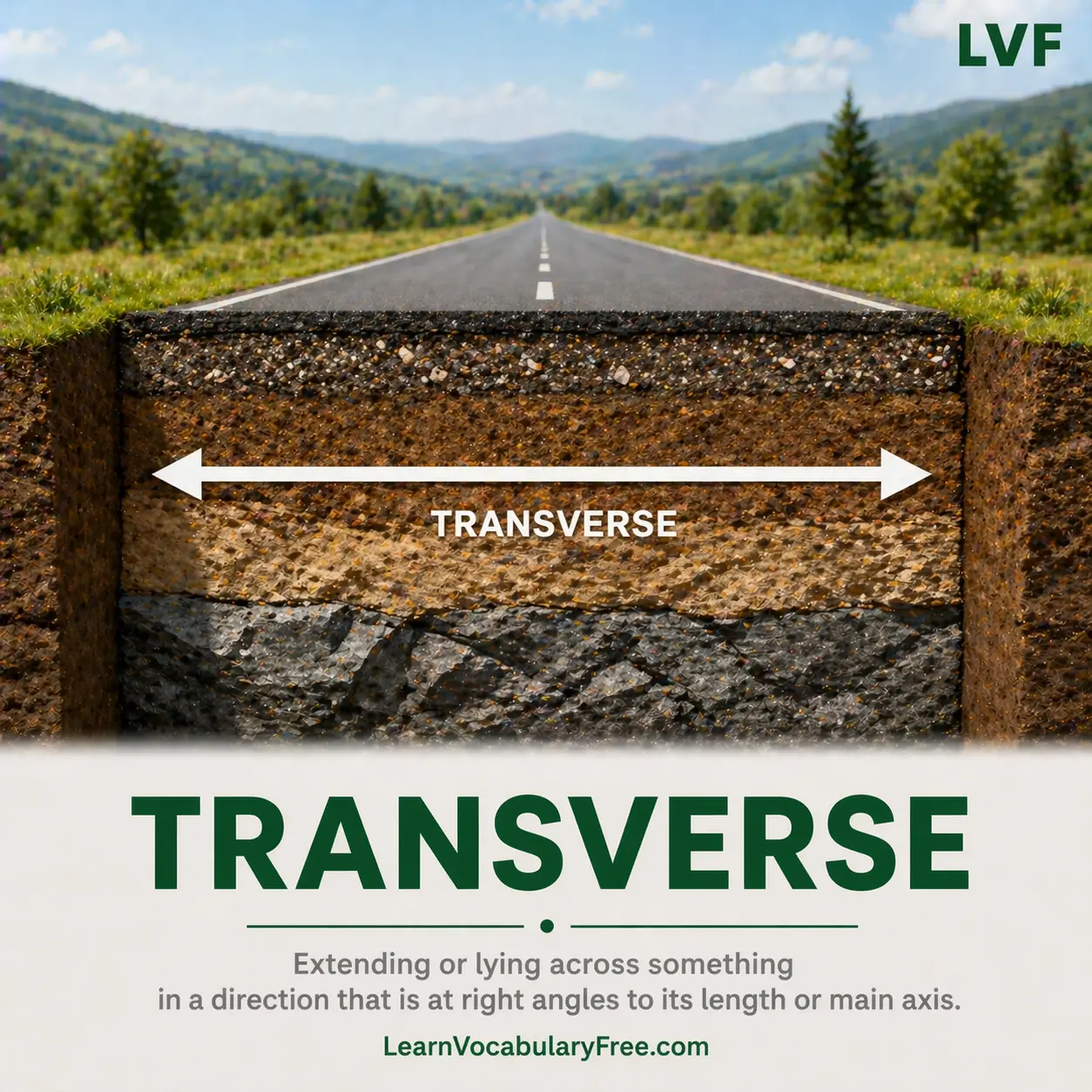 Transverse direction across main path at right angle showing spatial vocabulary for English learning