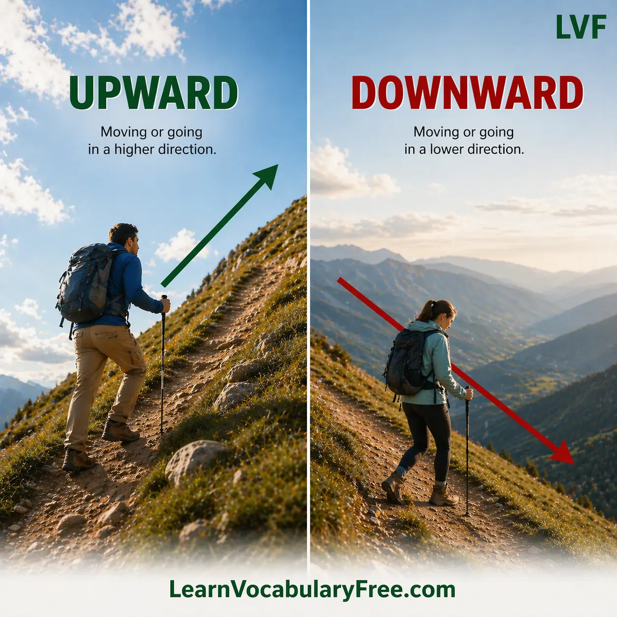 Upward and downward arrows showing direction and trend vocabulary for English learners