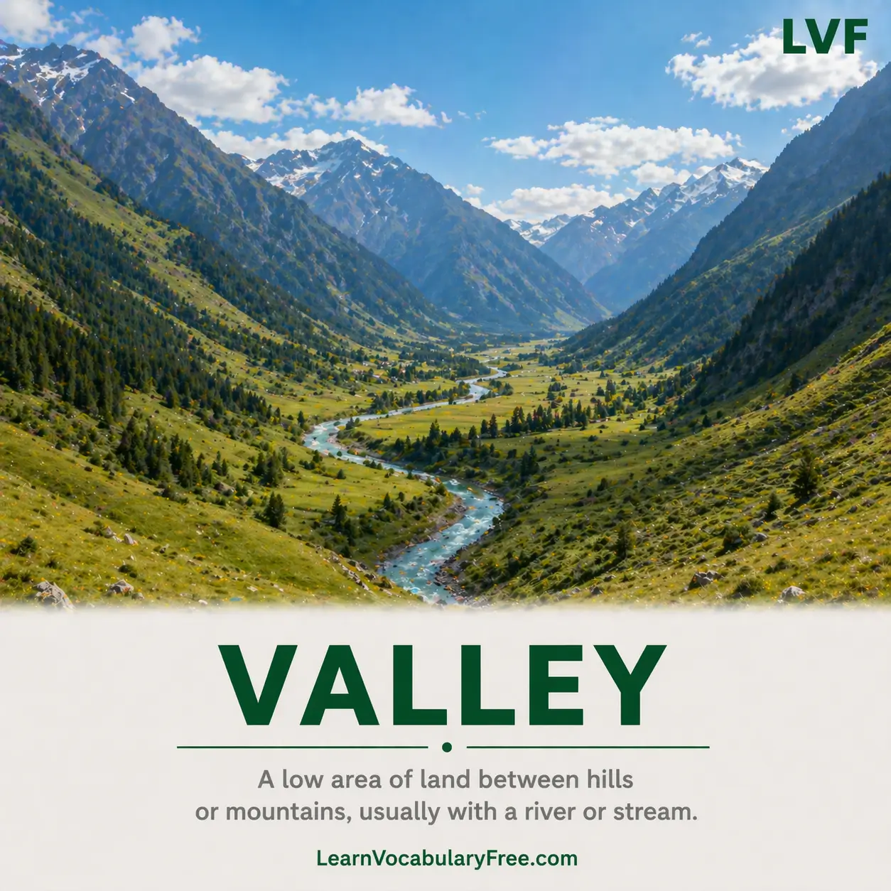 Valley between mountains with river showing landform geography vocabulary for English learning