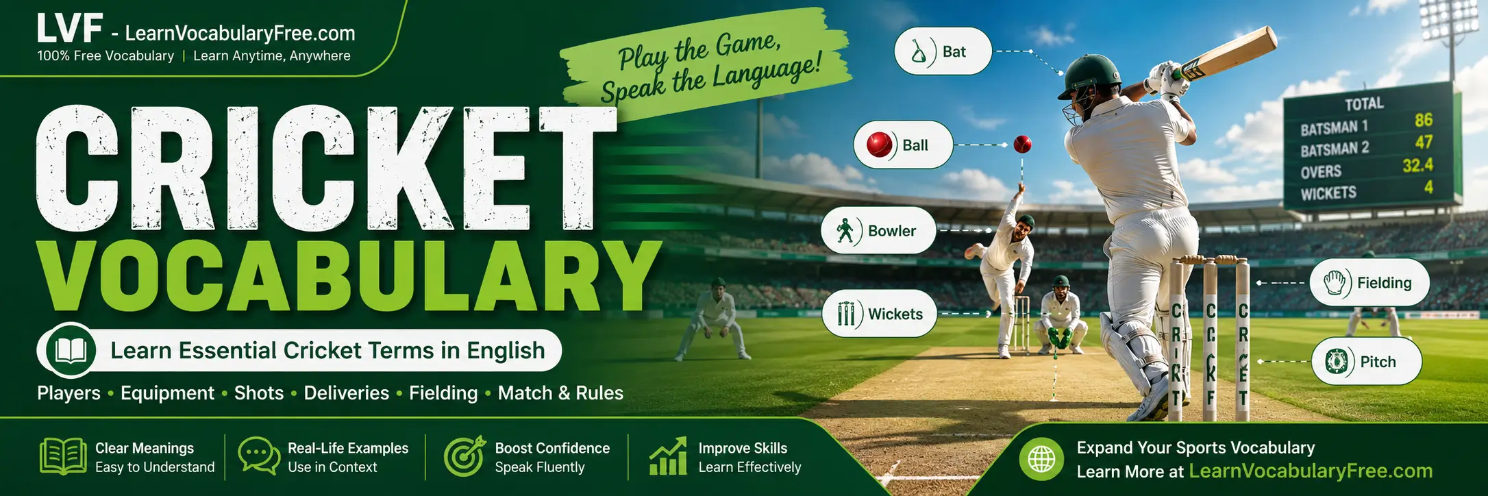 Hero banner showing Cricket Vocabulary for English learning with cricket stadium, bat, ball, players, scoreboard, and sports communication visuals