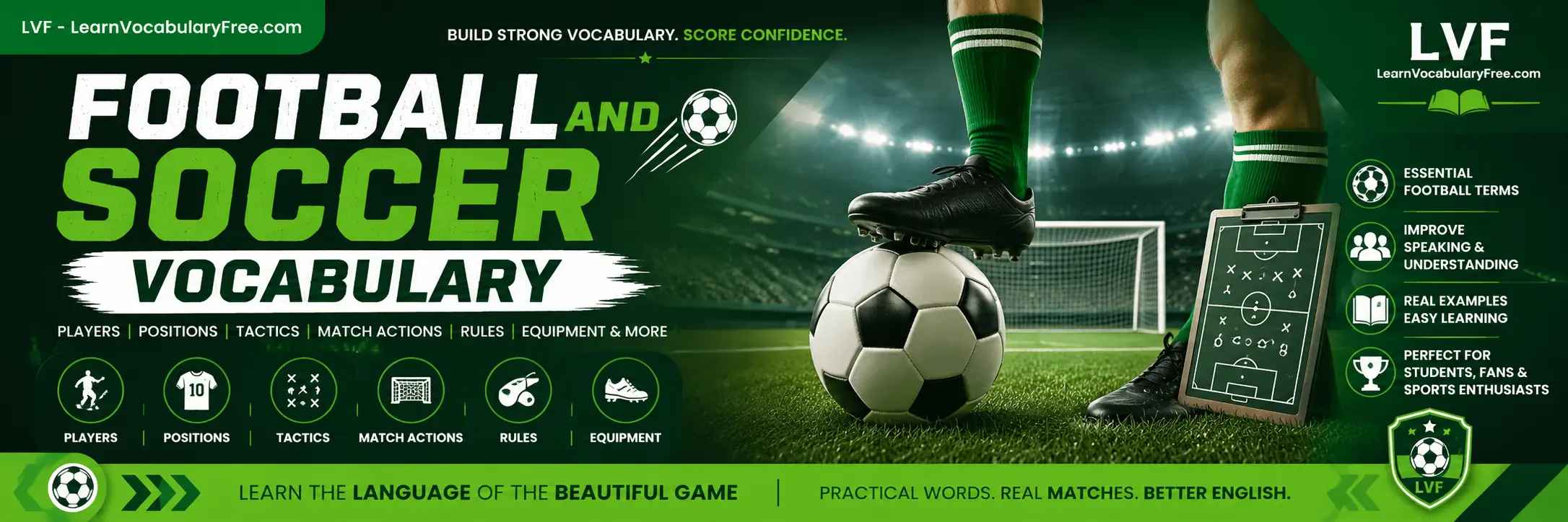 Hero banner showing Football and Soccer Vocabulary for English learning with stadium, football players, soccer ball, and sports communication visuals