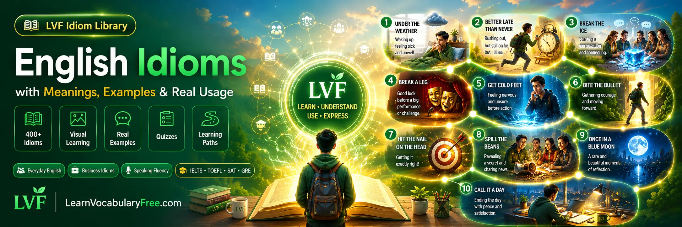 English idioms with meanings, examples and real usage hero banner by LVF LearnVocabularyFree.com showing a visual idiom learning journey