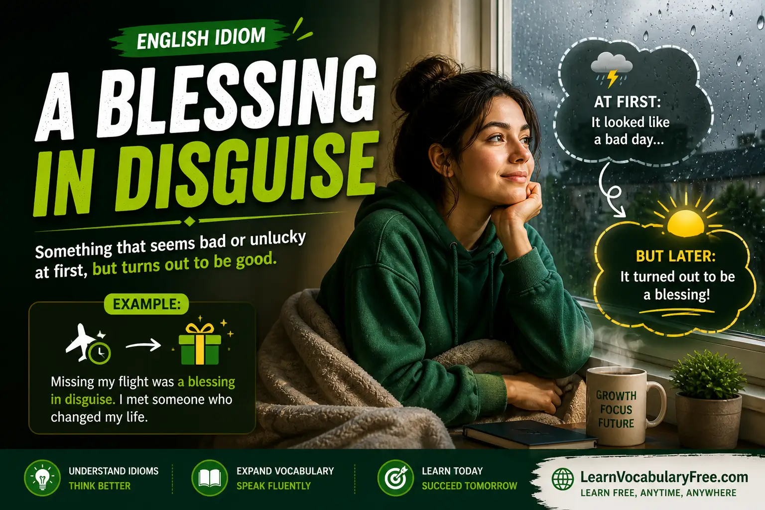 A Blessing in Disguise idiom meaning visual - something bad at first but good later