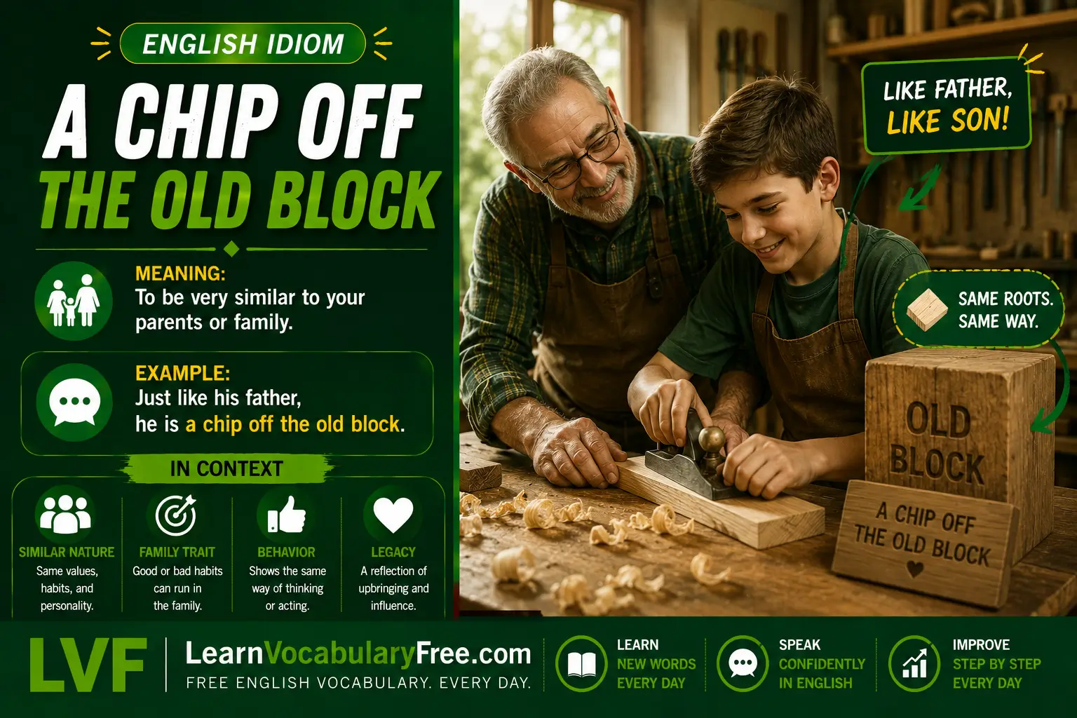 A Chip Off the Old Block idiom meaning visual - someone very similar to their parent in behavior or character