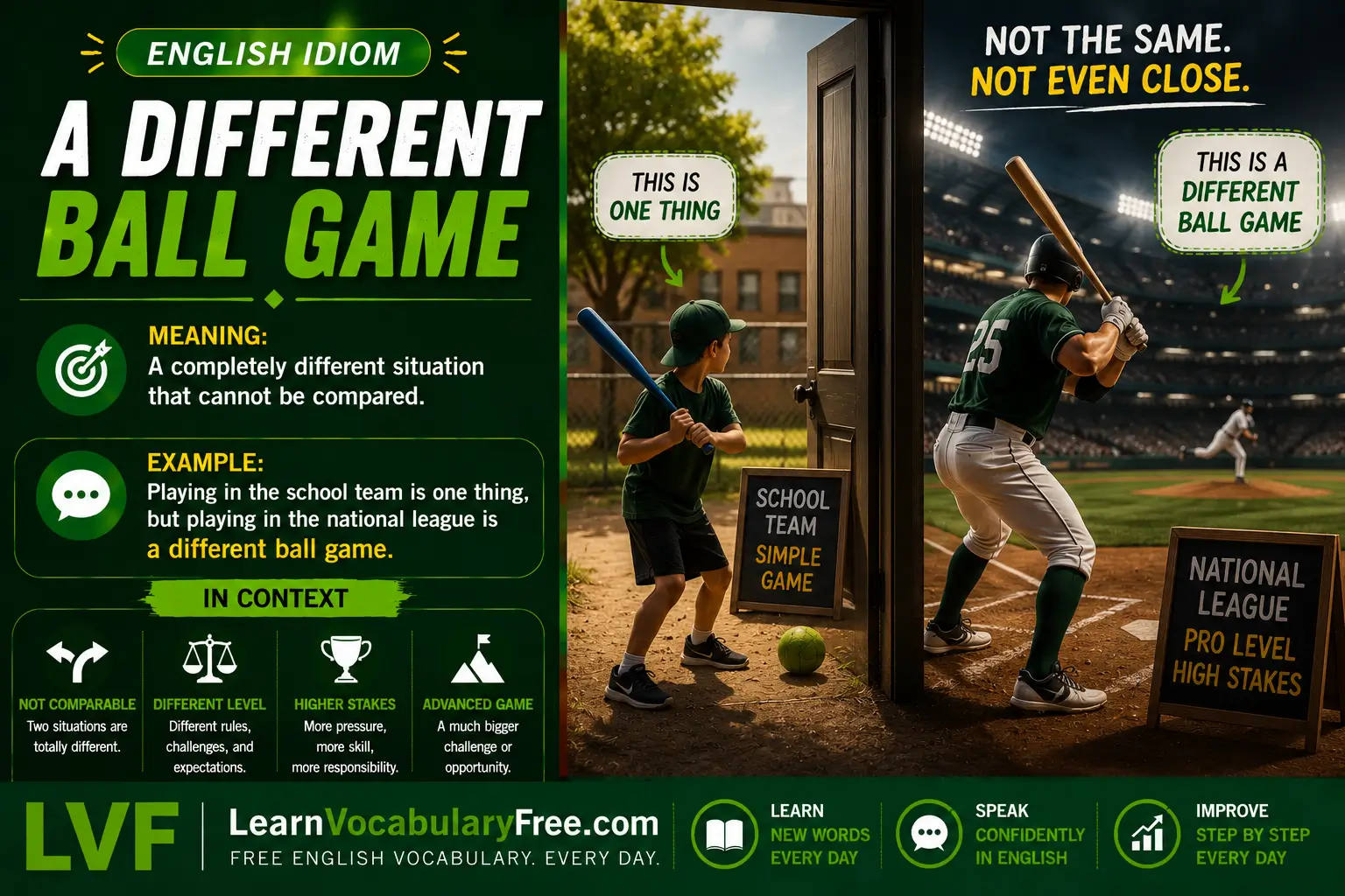 A Different Ball Game idiom meaning visual - a completely different situation or matter