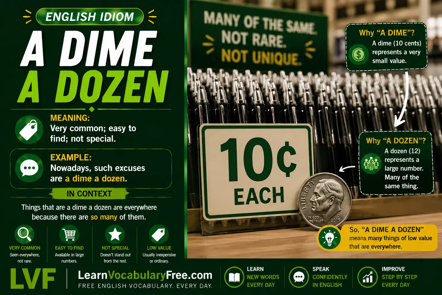 A Dime a Dozen idiom meaning visual - very common and not valuable items