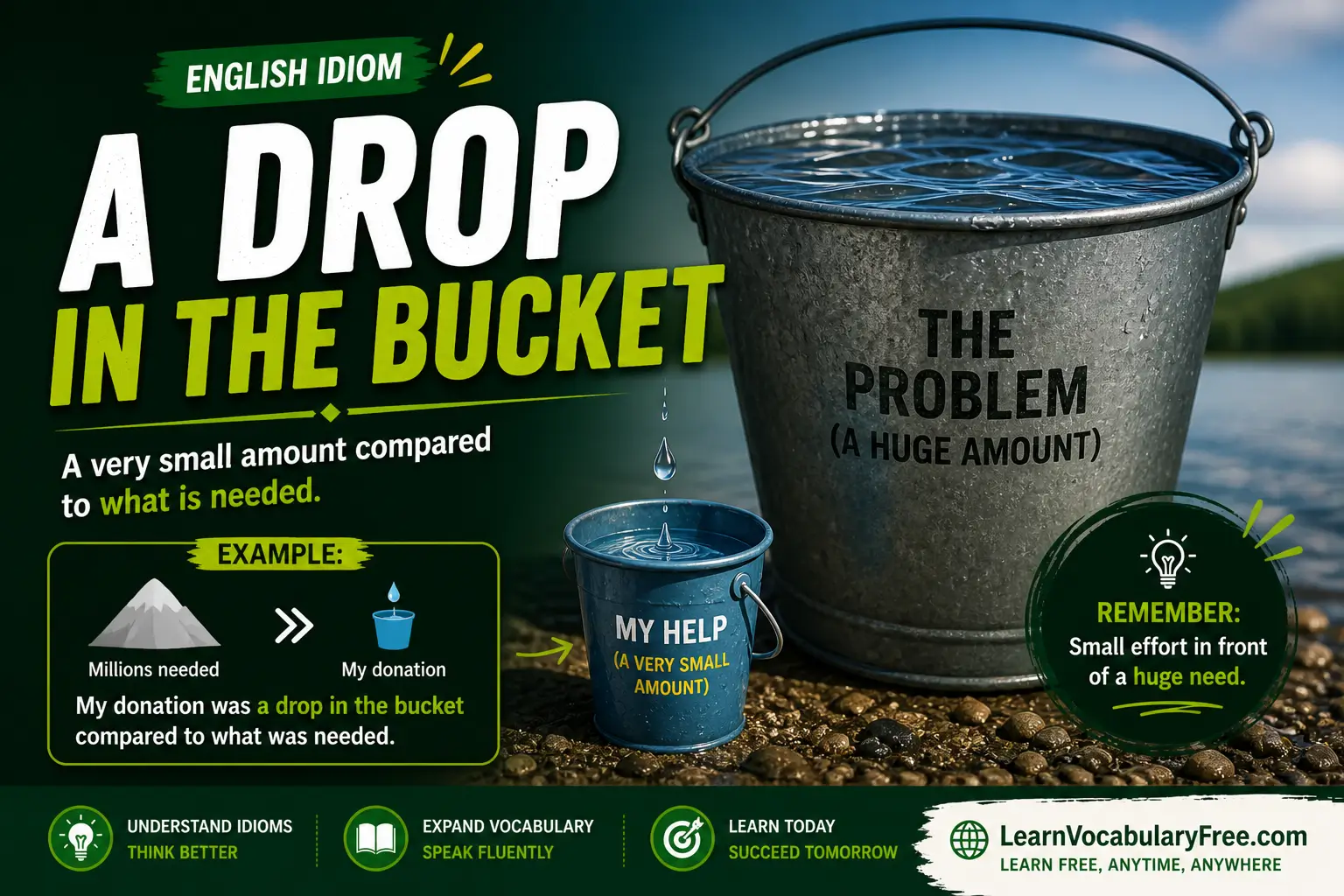 A Drop in the Bucket idiom meaning visual - very small amount compared to what is needed