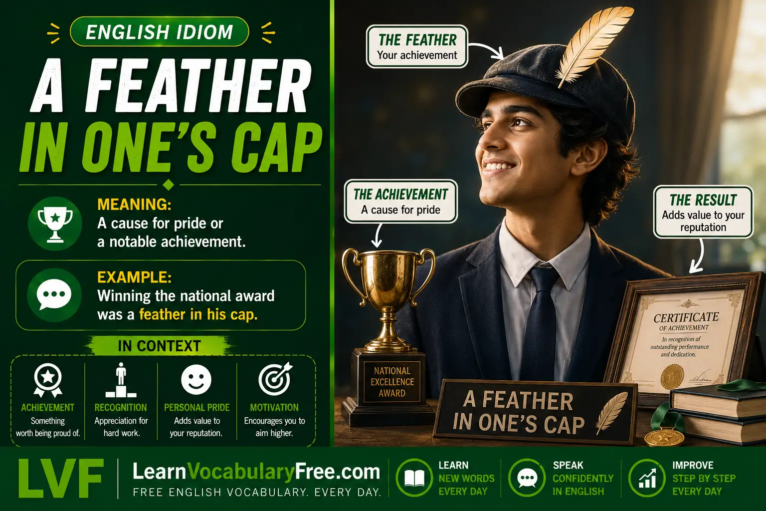 A Feather in One’s Cap idiom meaning visual - an achievement to be proud of