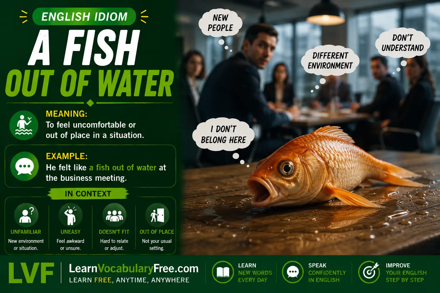 A Fish Out of Water idiom meaning visual - feeling uncomfortable in an unfamiliar situation