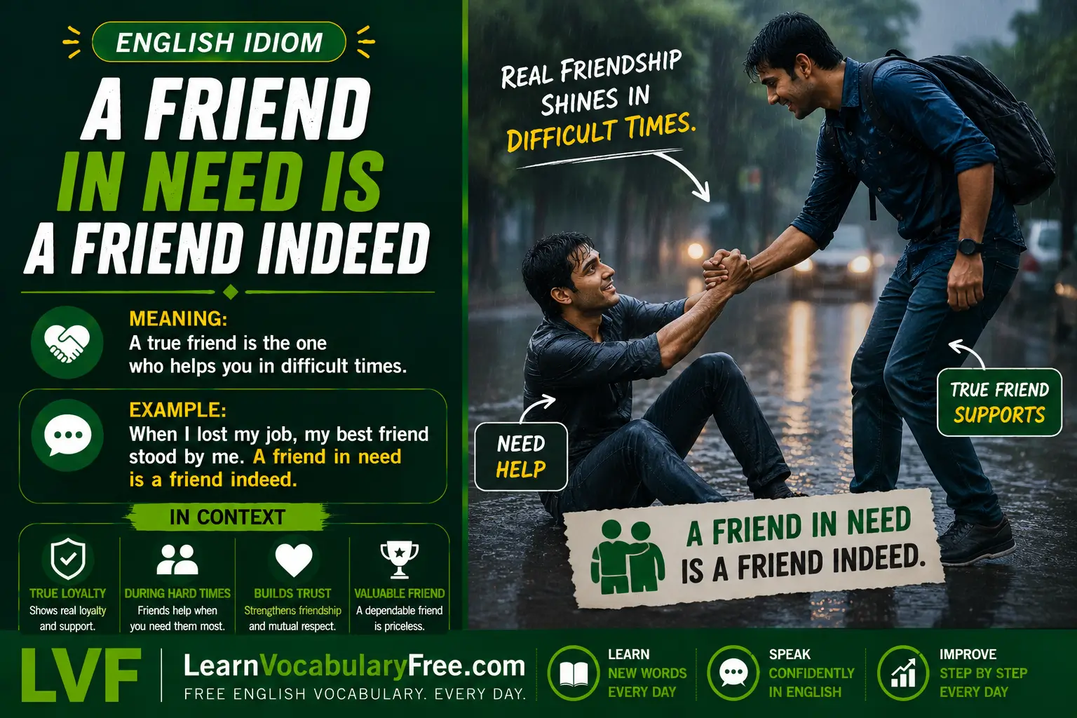 A Friend in Need Is a Friend Indeed idiom meaning visual - true friends help during difficult times