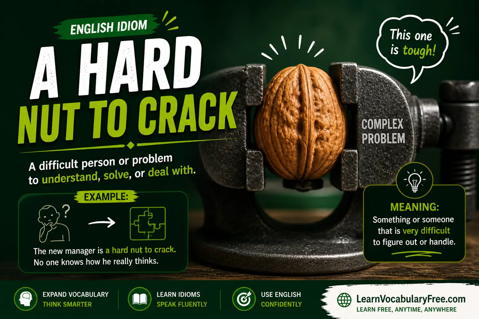 A Hard Nut to Crack idiom meaning visual - difficult problem or person to understand or solve