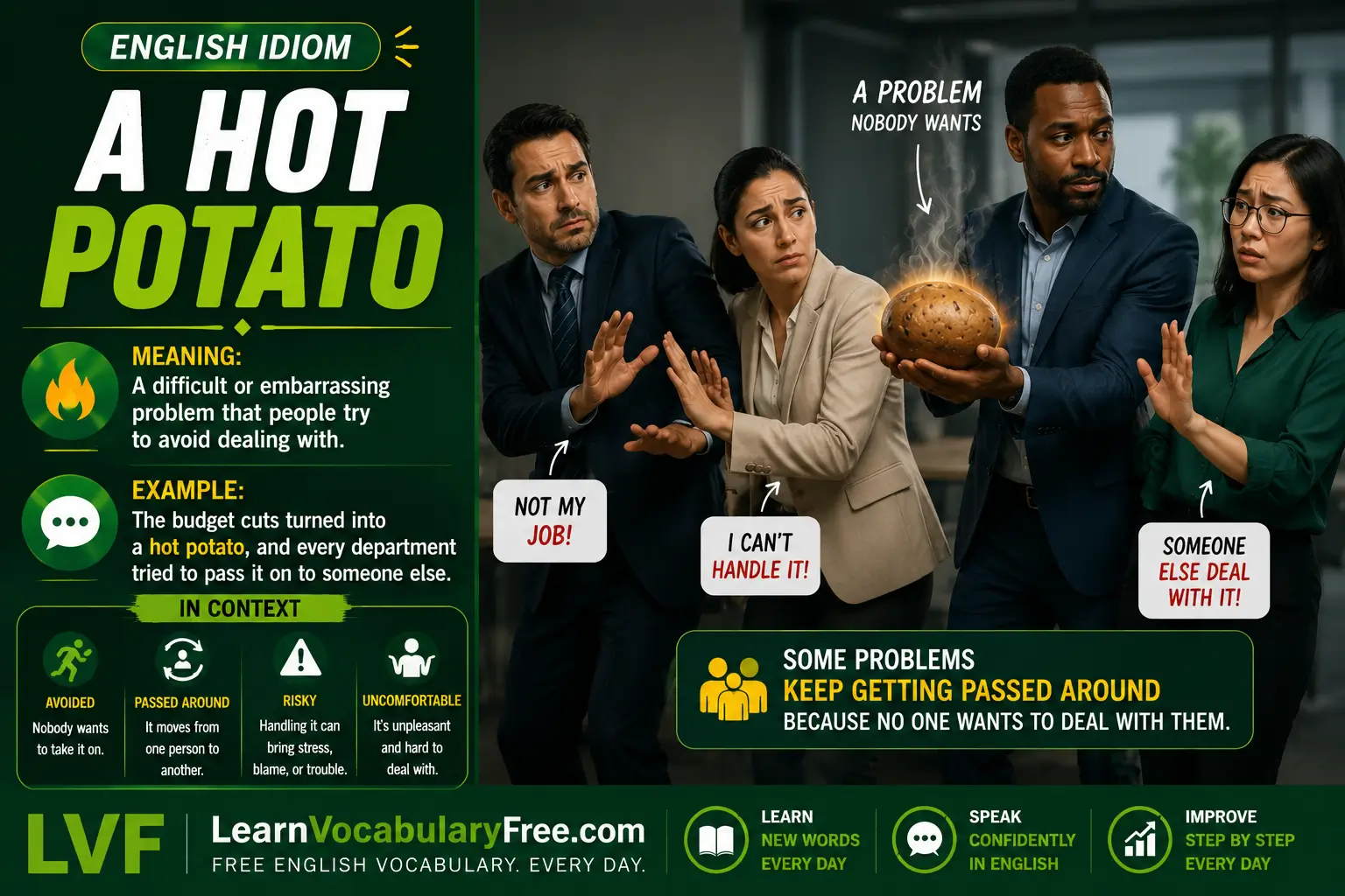 A Hot Potato idiom meaning visual - a controversial or sensitive issue people avoid handling