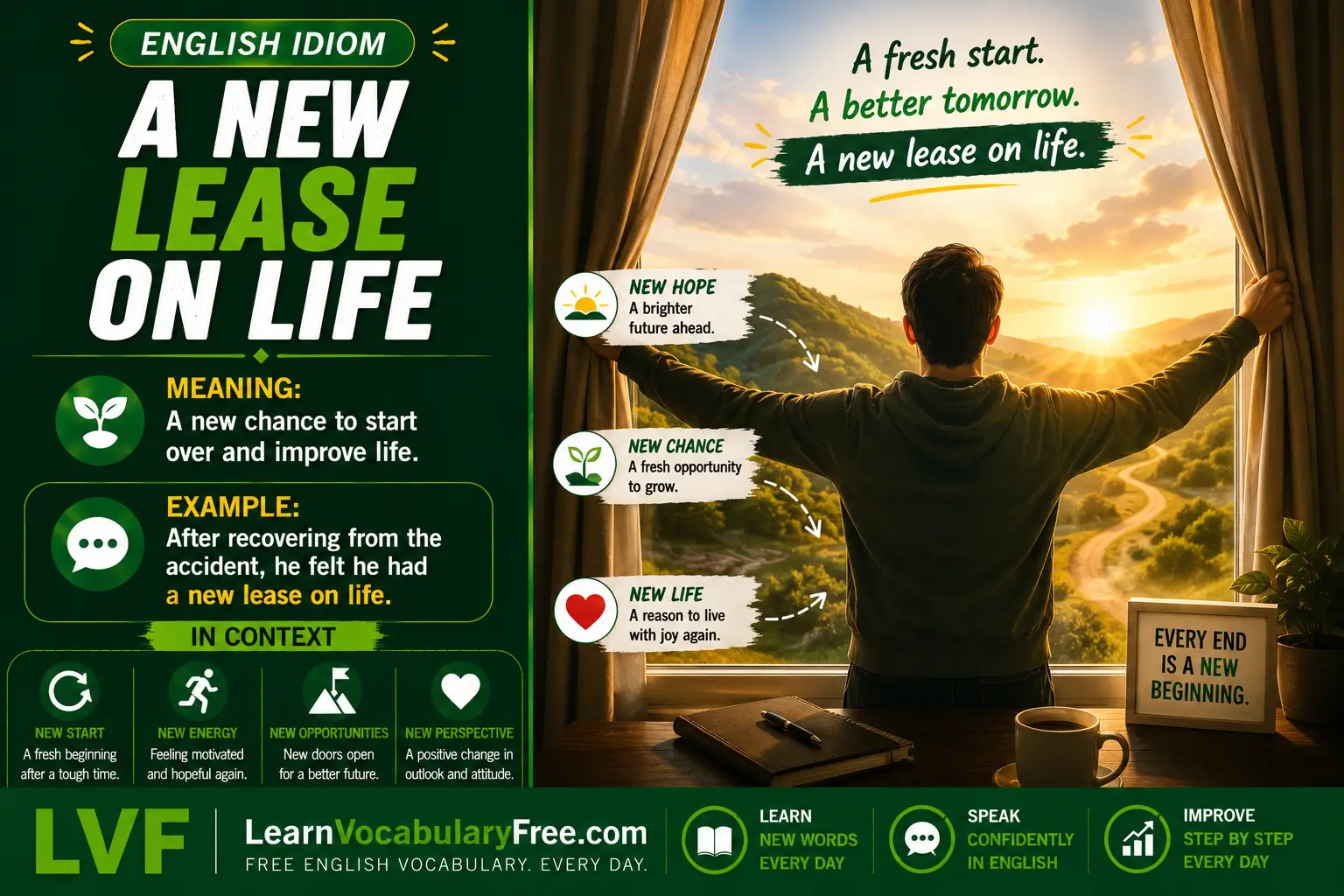 A New Lease on Life idiom meaning visual - renewed energy enthusiasm and hope