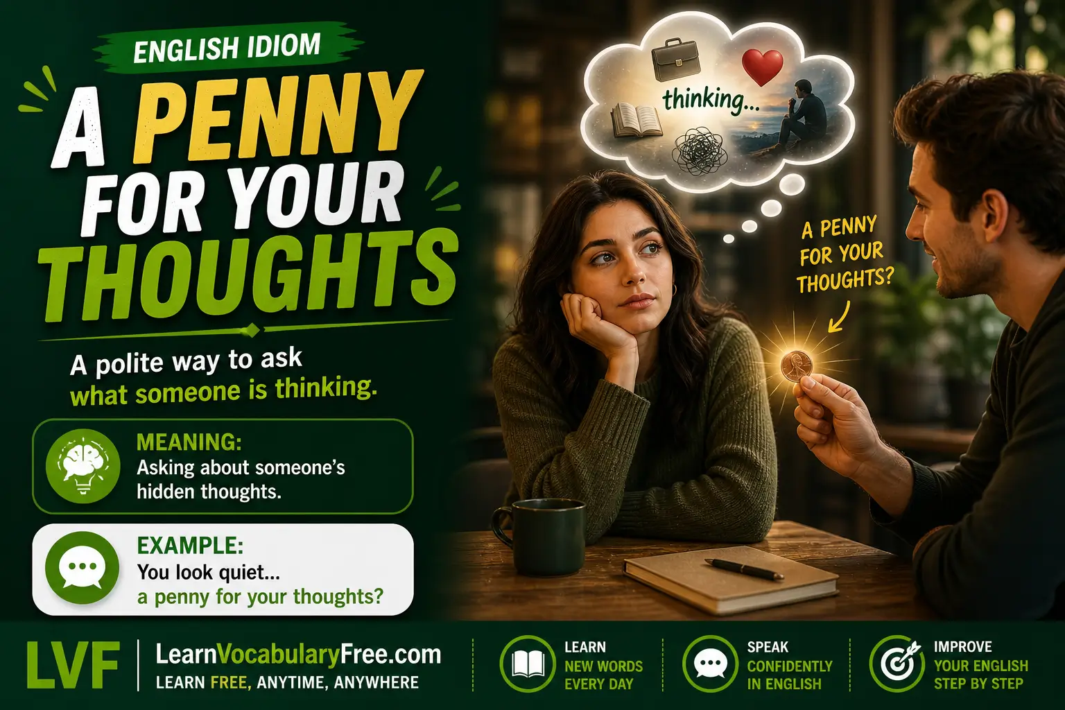 A Penny for Your Thoughts idiom meaning visual - asking what someone is thinking