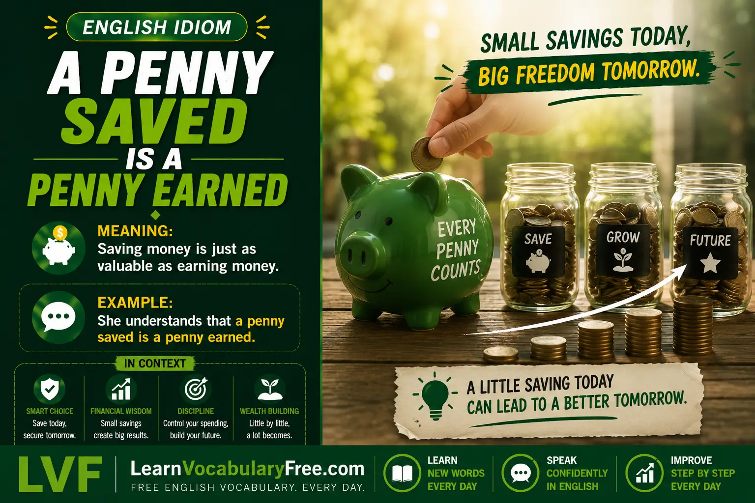 A Penny Saved Is a Penny Earned idiom meaning visual - saving money is as valuable as earning money