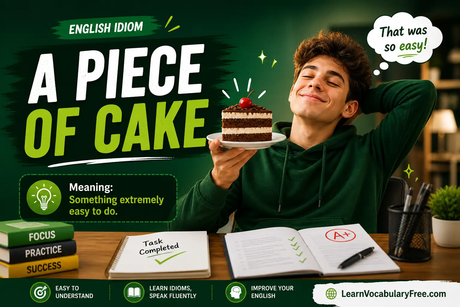 A Piece of Cake idiom meaning visual - easy task illustration