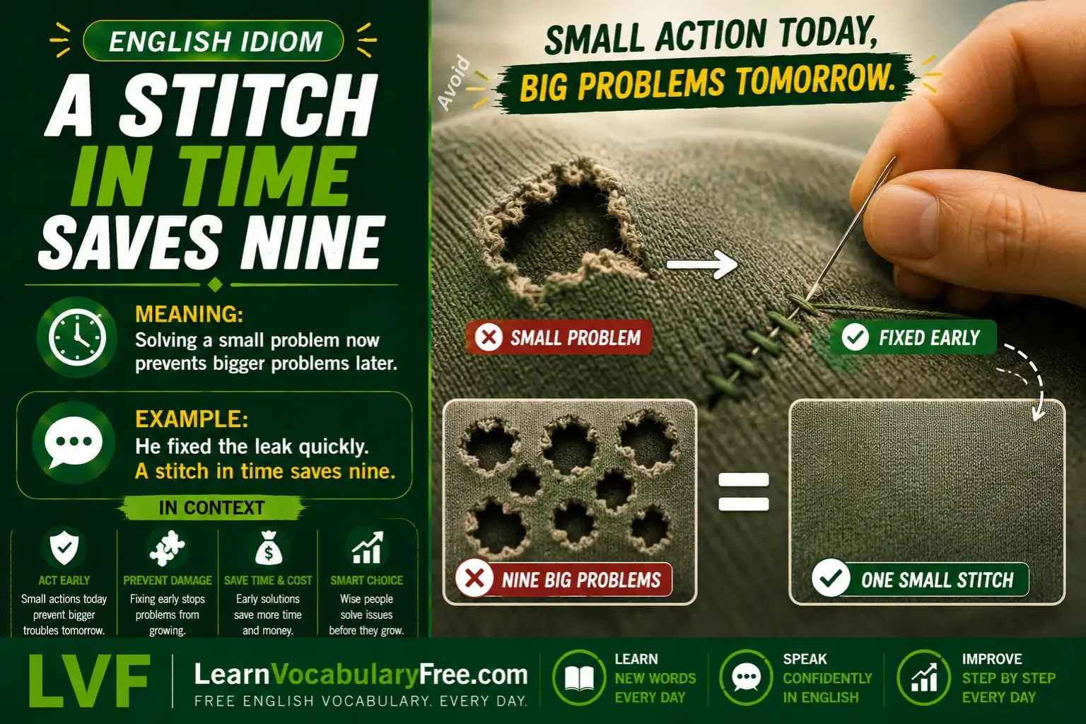 A Stitch in Time Saves Nine idiom meaning visual - fix problems early before they become worse