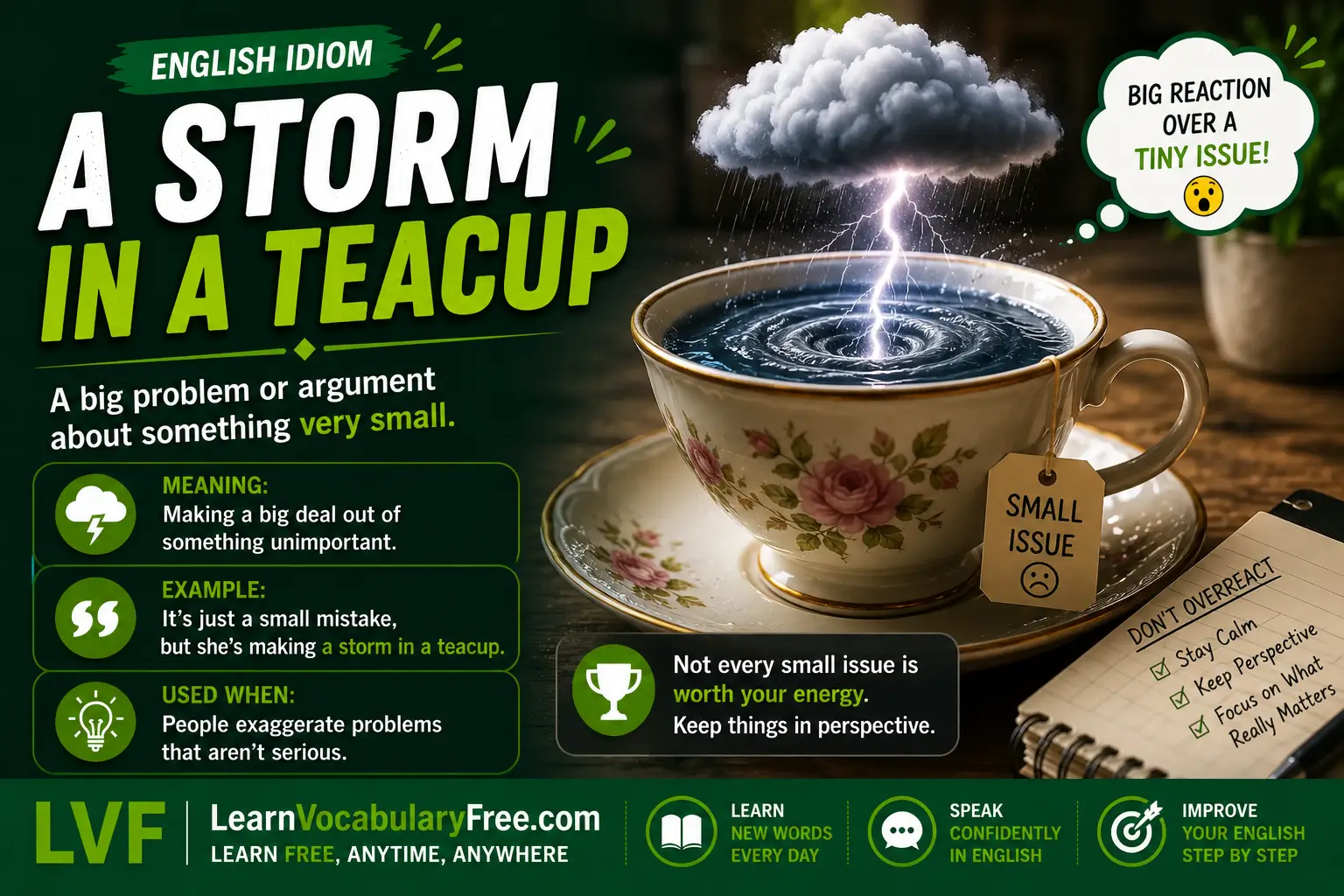 A Storm in a Teacup idiom meaning visual - overreaction to something unimportant