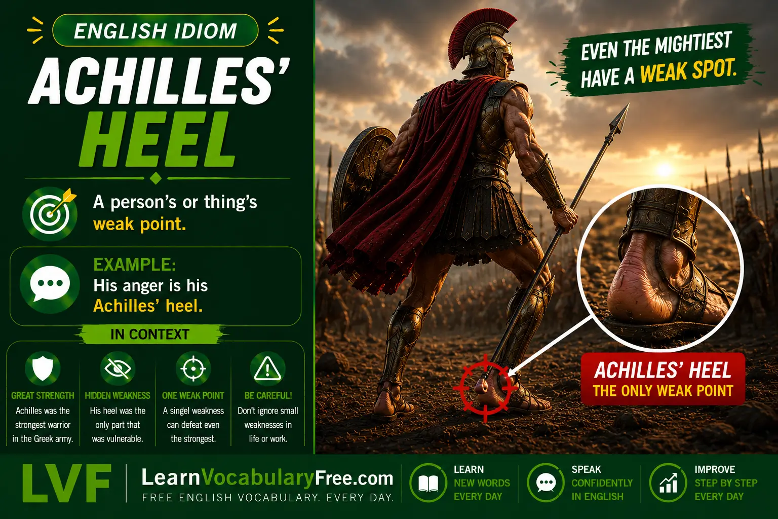 Achilles' Heel idiom meaning visual - a person's greatest weakness or vulnerable point
