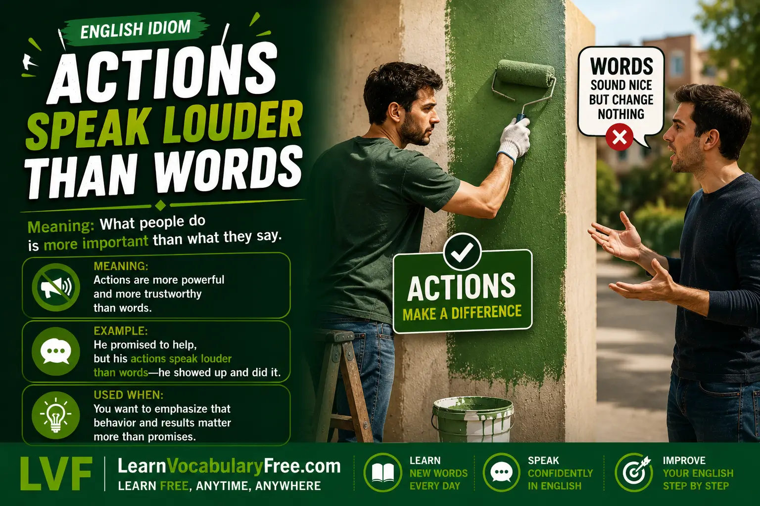 Actions Speak Louder Than Words idiom meaning visual - actions matter more than promises