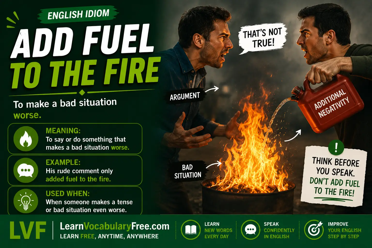 Add Fuel to the Fire idiom meaning visual - make a bad situation worse