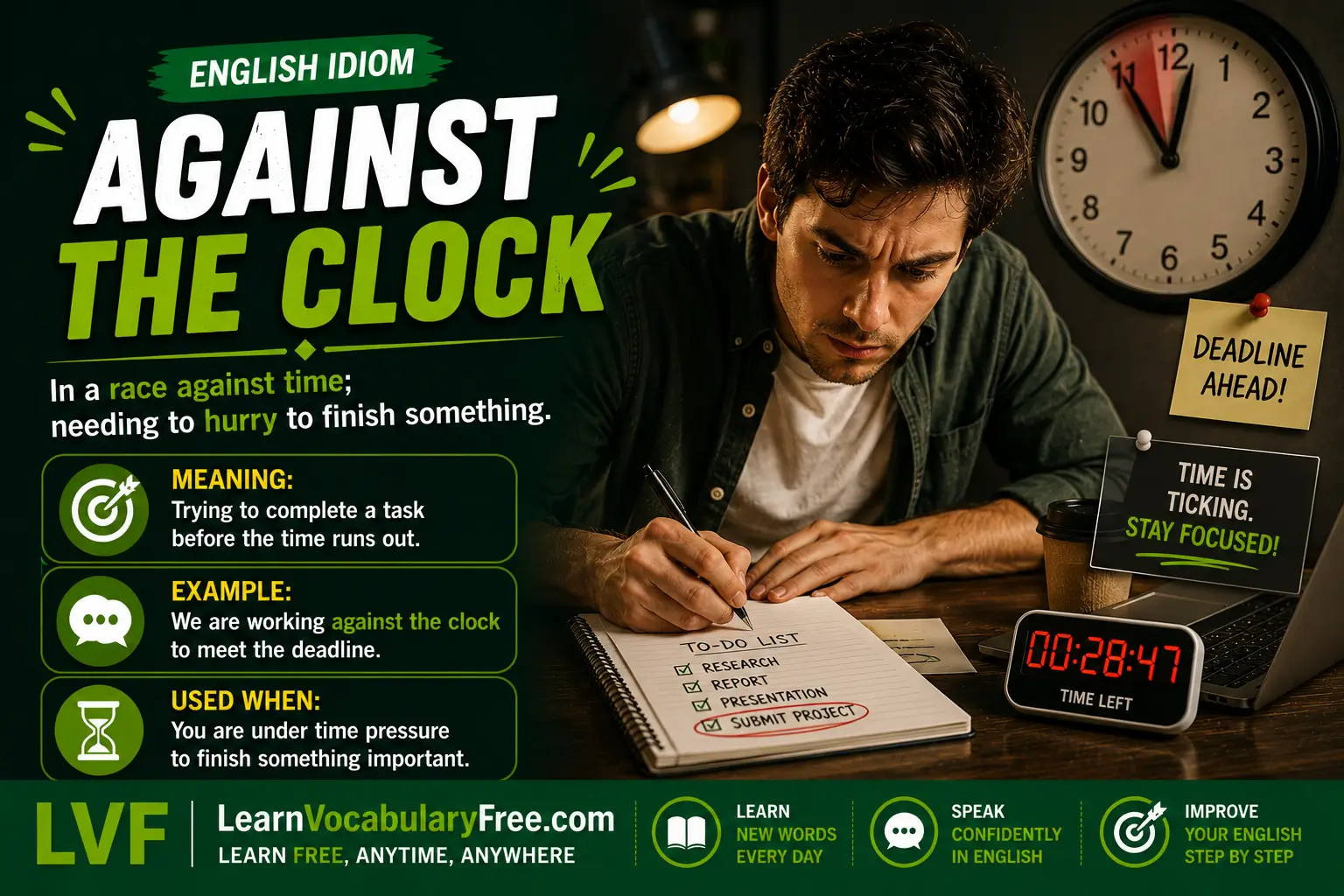 Against the Clock idiom meaning visual - racing time to finish before a deadline