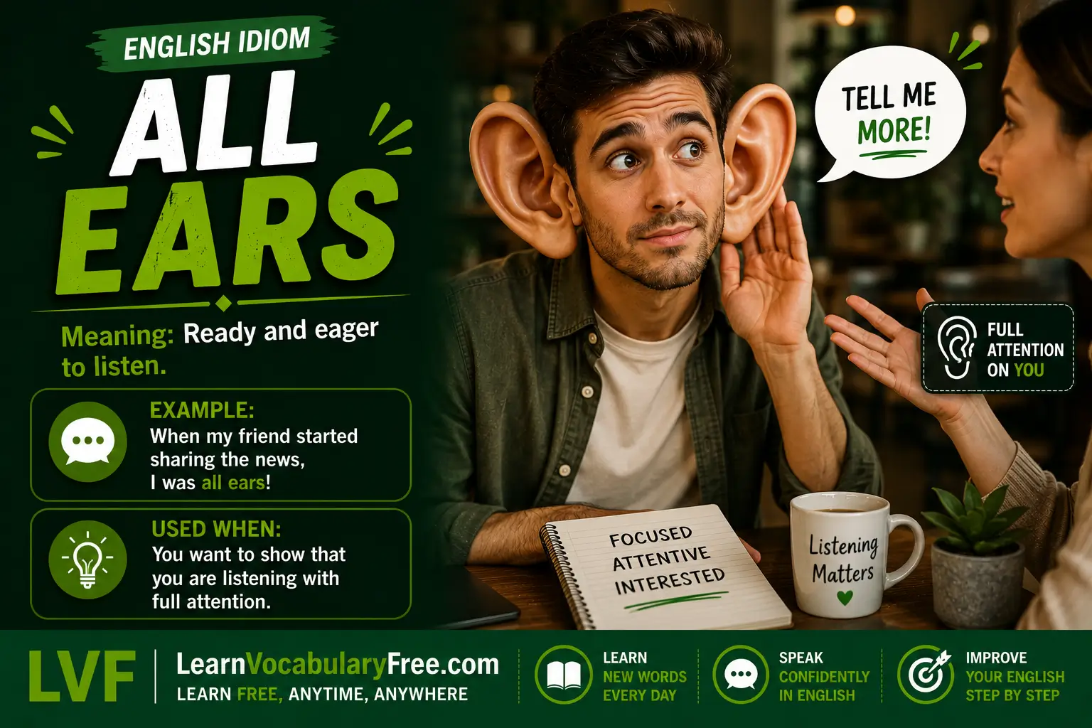 All Ears idiom meaning visual - listening with full attention