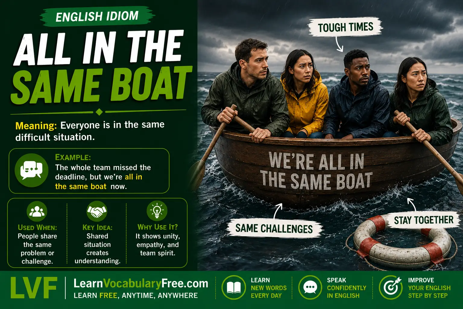 All in the Same Boat idiom meaning visual - everyone is in the same difficult situation
