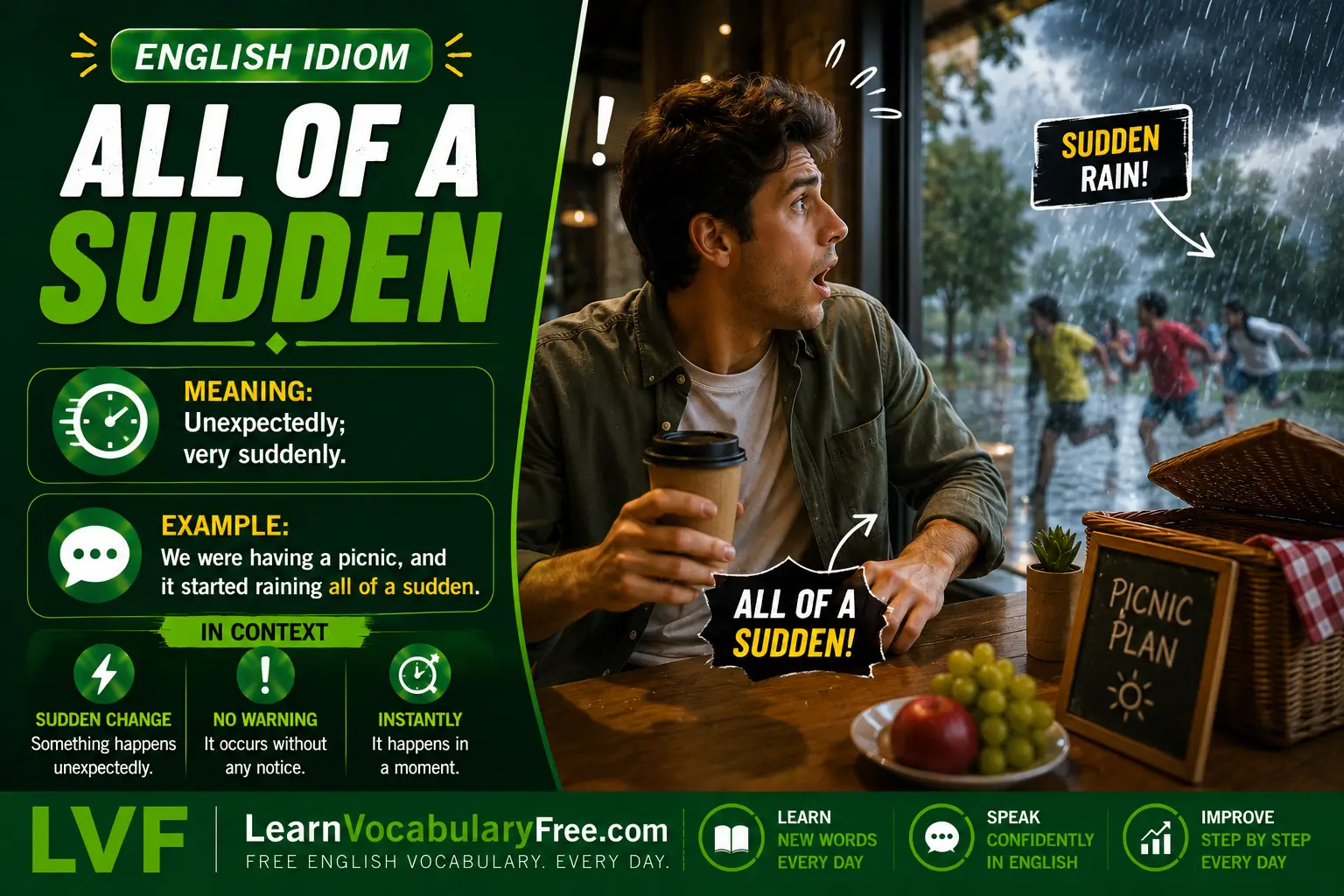 All of a Sudden idiom meaning visual - something happening unexpectedly or very quickly