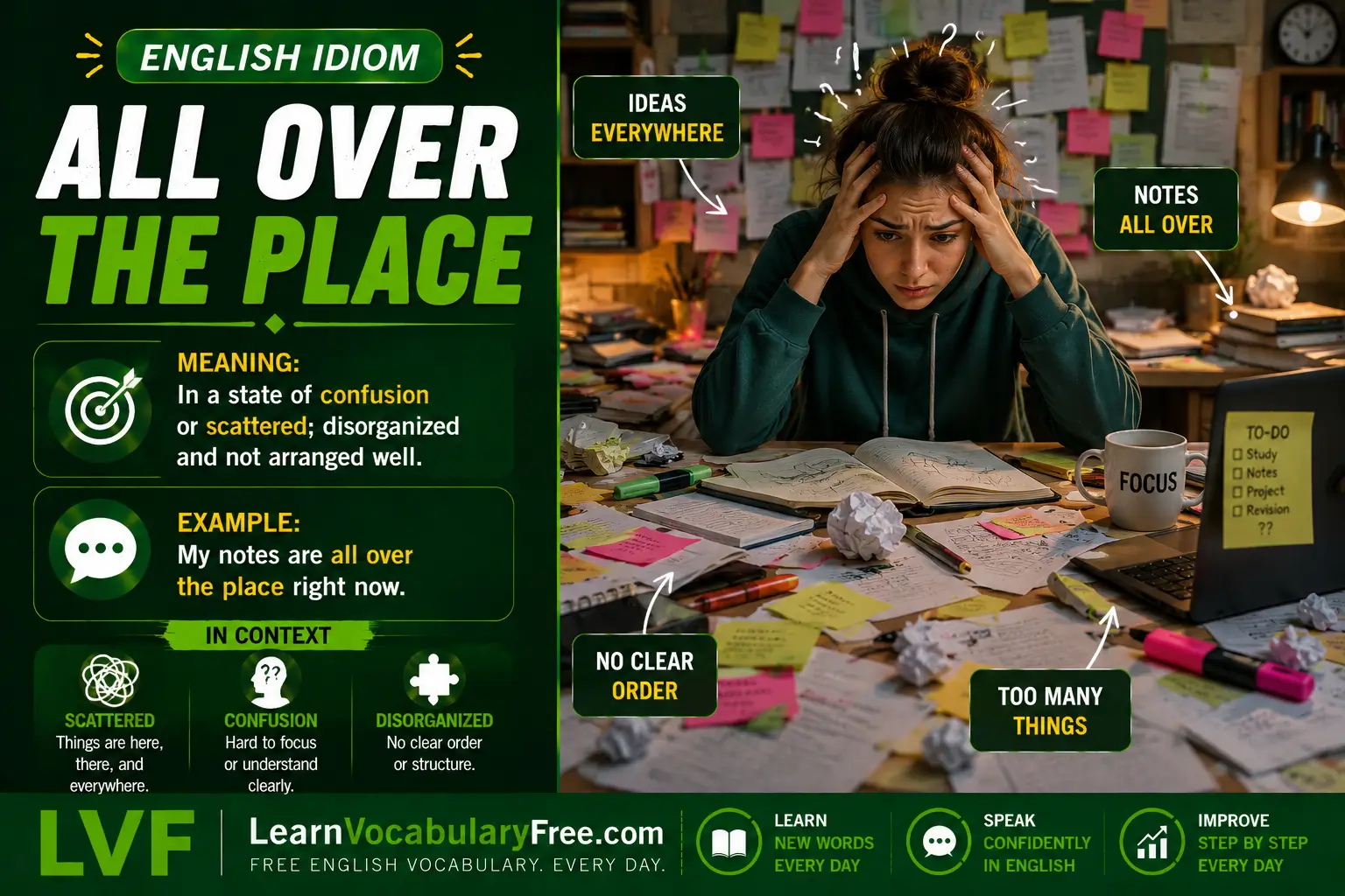 All Over The Place idiom meaning visual - disorganized, scattered, or lacking focus