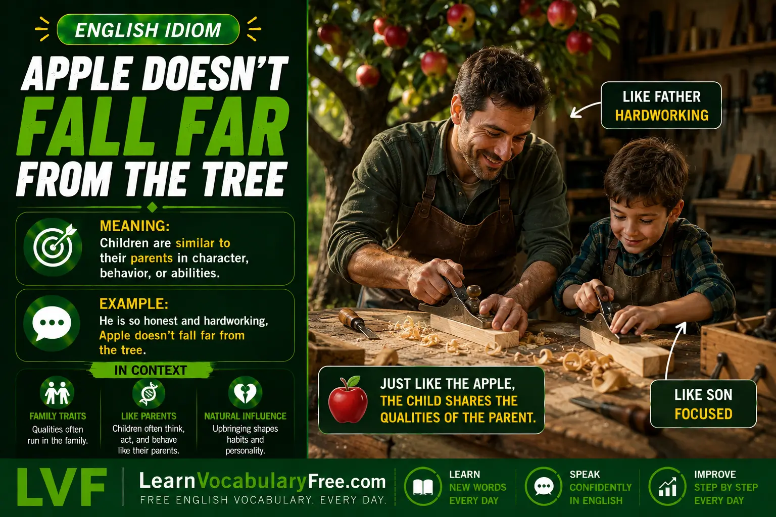Apple Doesn't Fall Far from the Tree idiom meaning visual - children resemble their parents in behavior or character