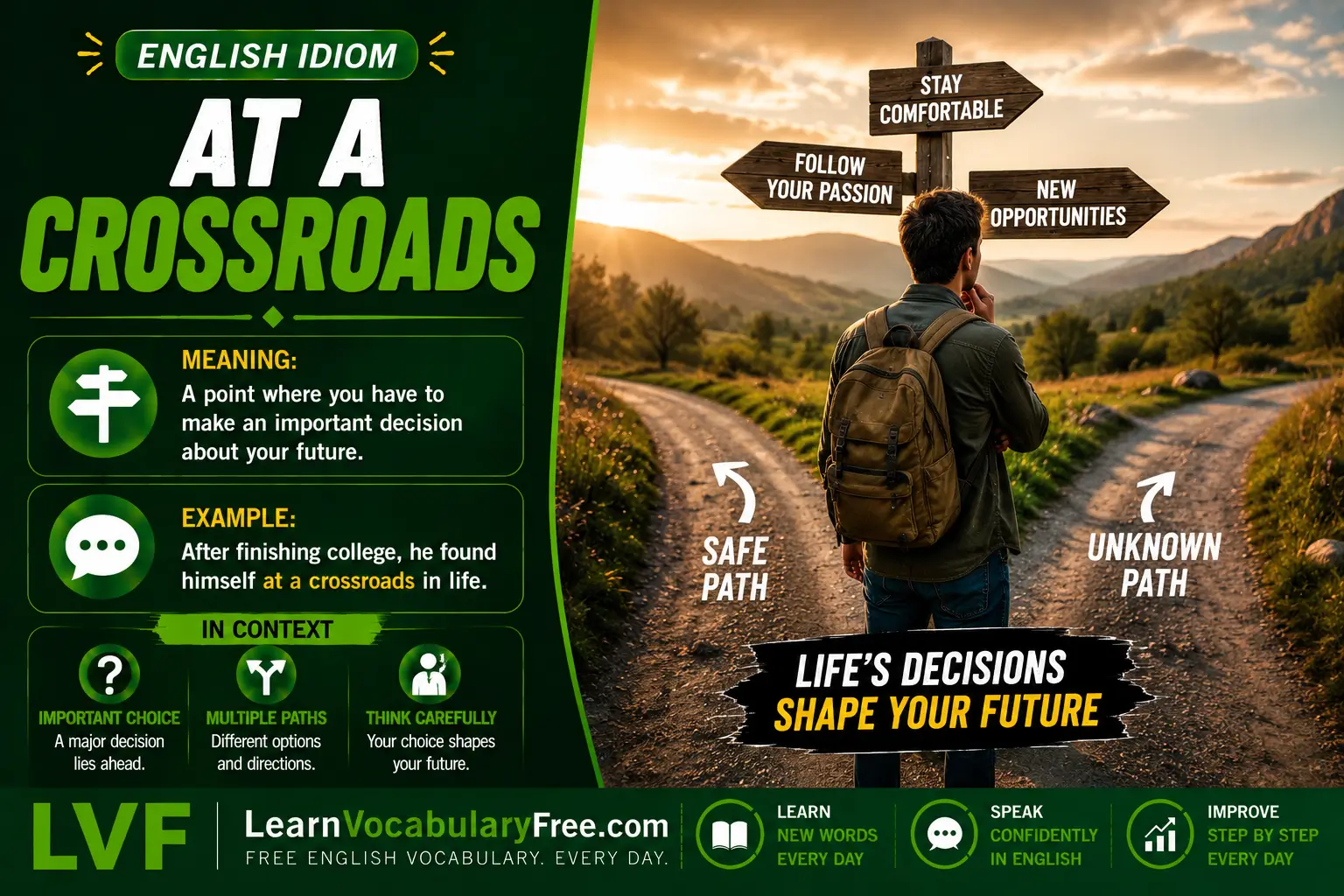 At a Crossroads idiom meaning visual - facing an important decision or turning point