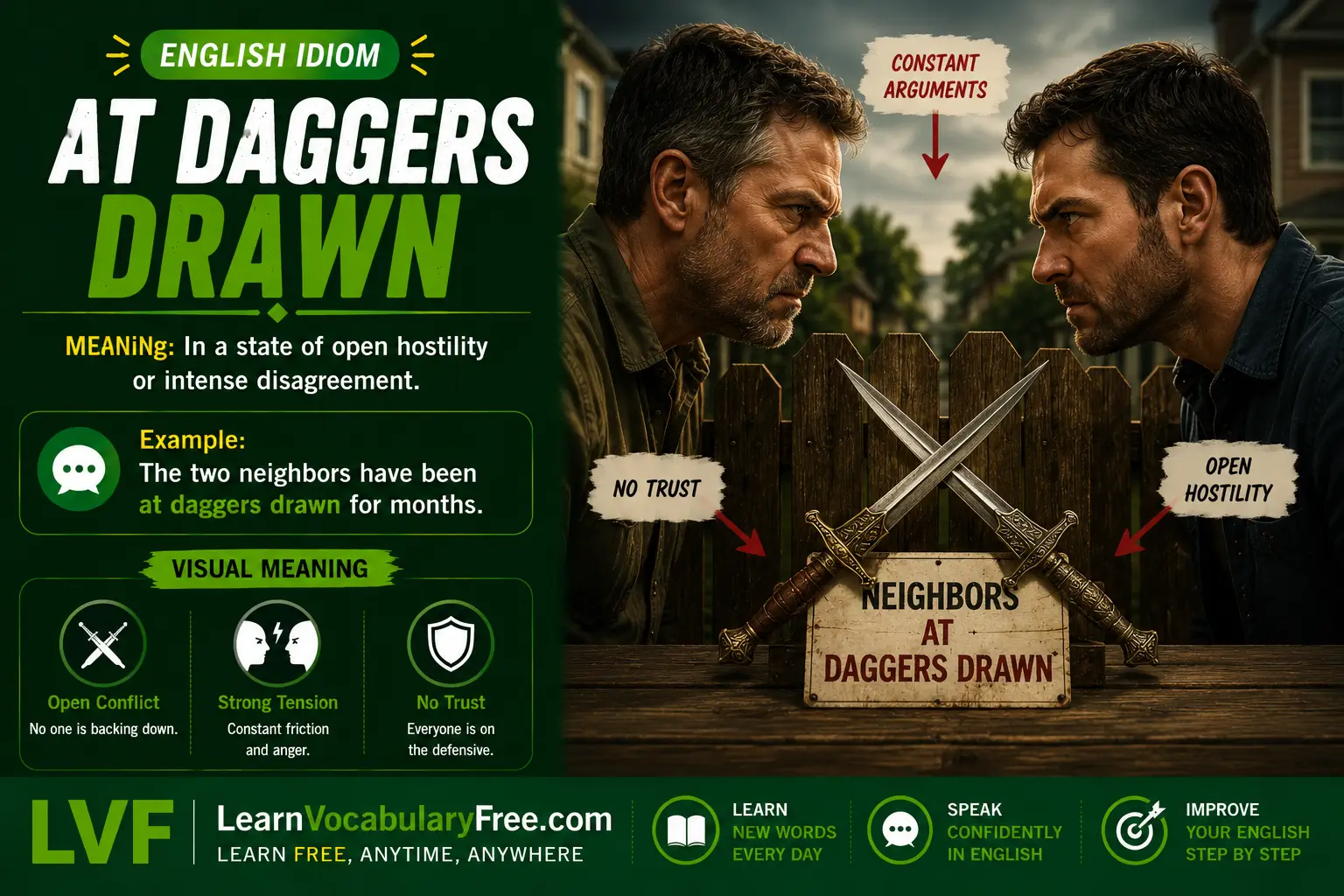 At Daggers Drawn idiom meaning visual - serious conflict or hostility between people