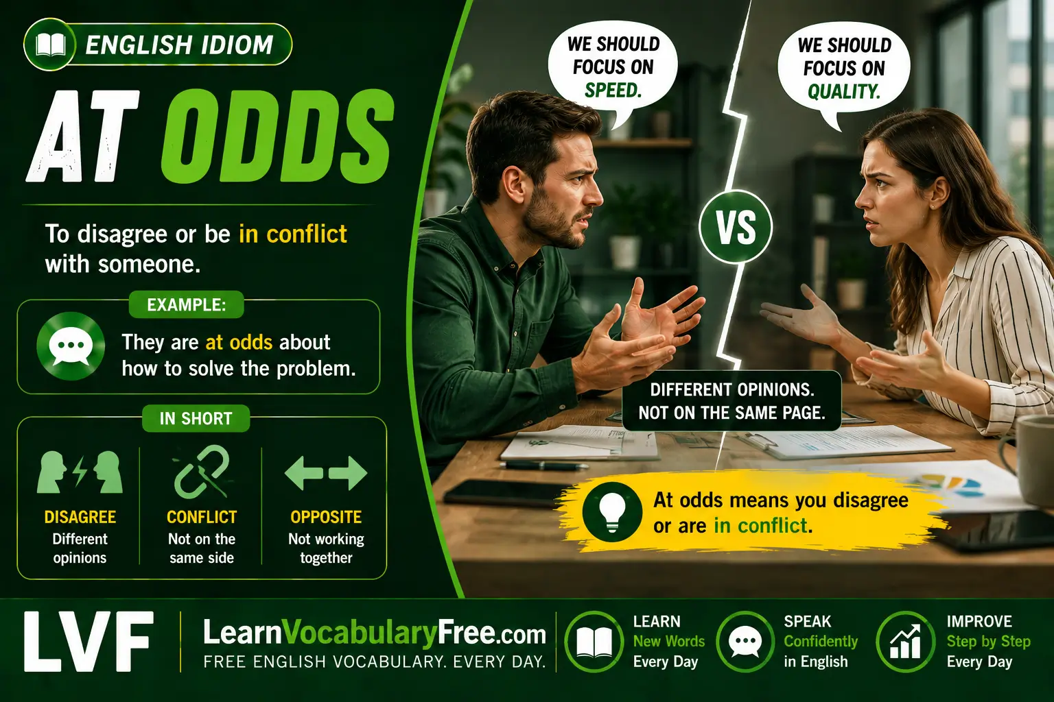 At Odds idiom meaning visual - in disagreement or conflict