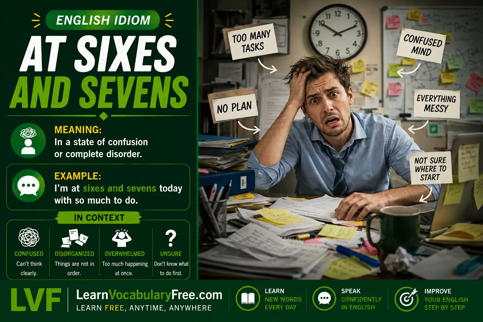 At Sixes and Sevens idiom meaning visual - confusion and disorder after sudden change