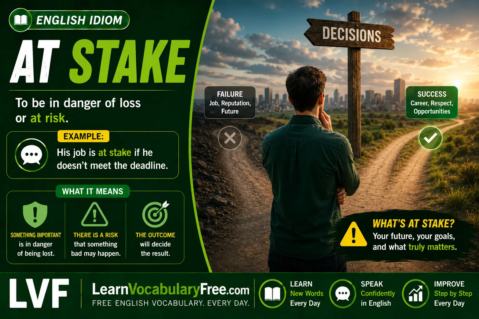At Stake idiom meaning visual - at risk or in danger of being lost