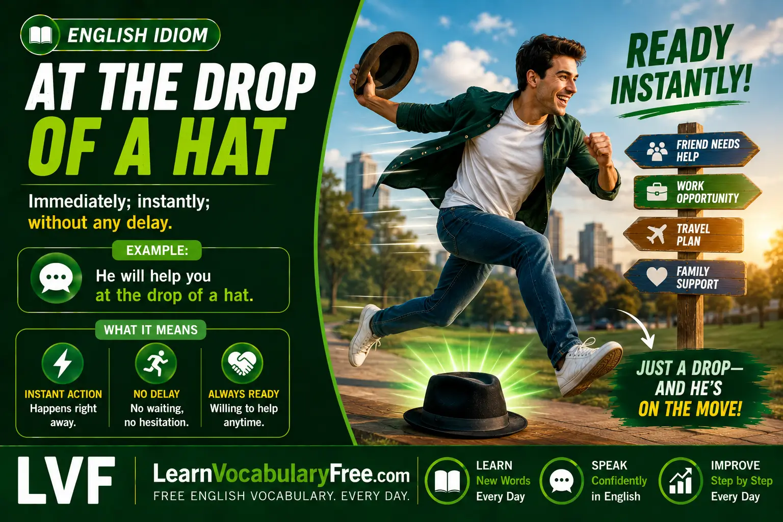 At the Drop of a Hat idiom meaning visual - immediately or without hesitation