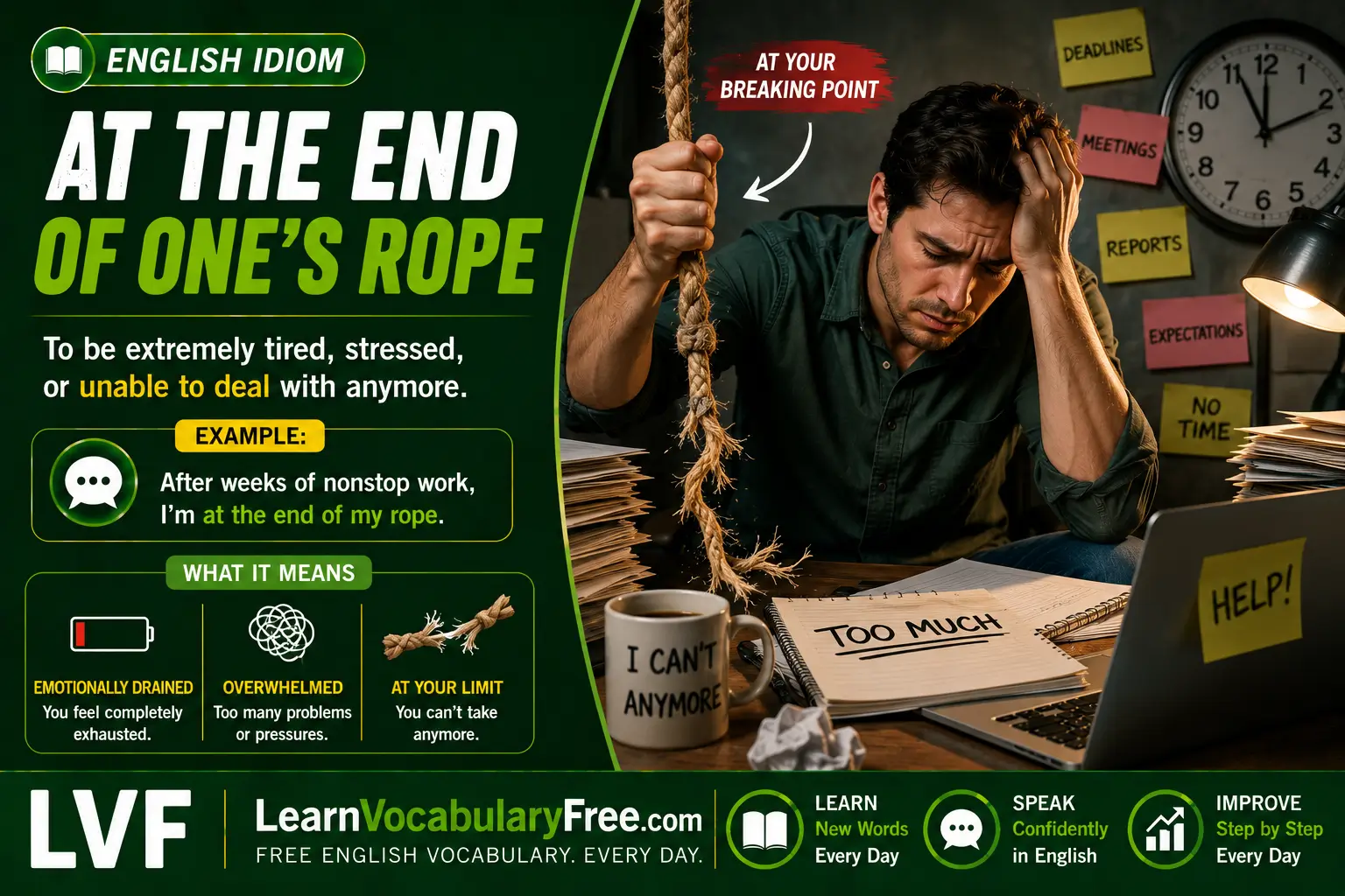 At the End of One’s Rope idiom meaning visual - exhausted frustrated or out of patience