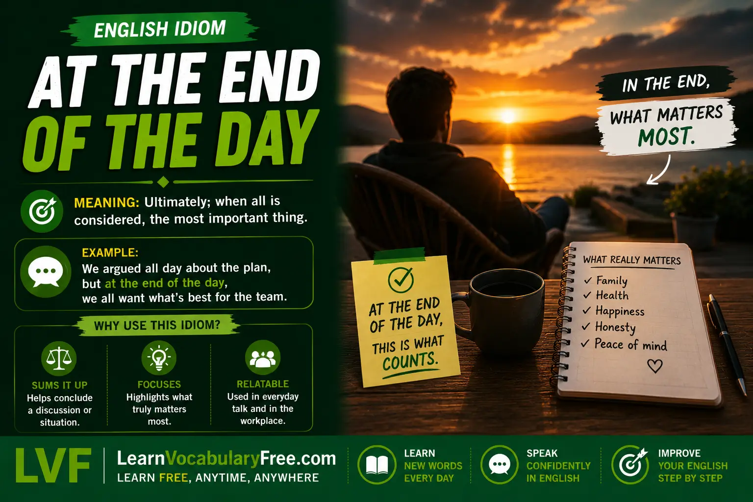 At the End of the Day idiom meaning visual - final conclusion after considering everything