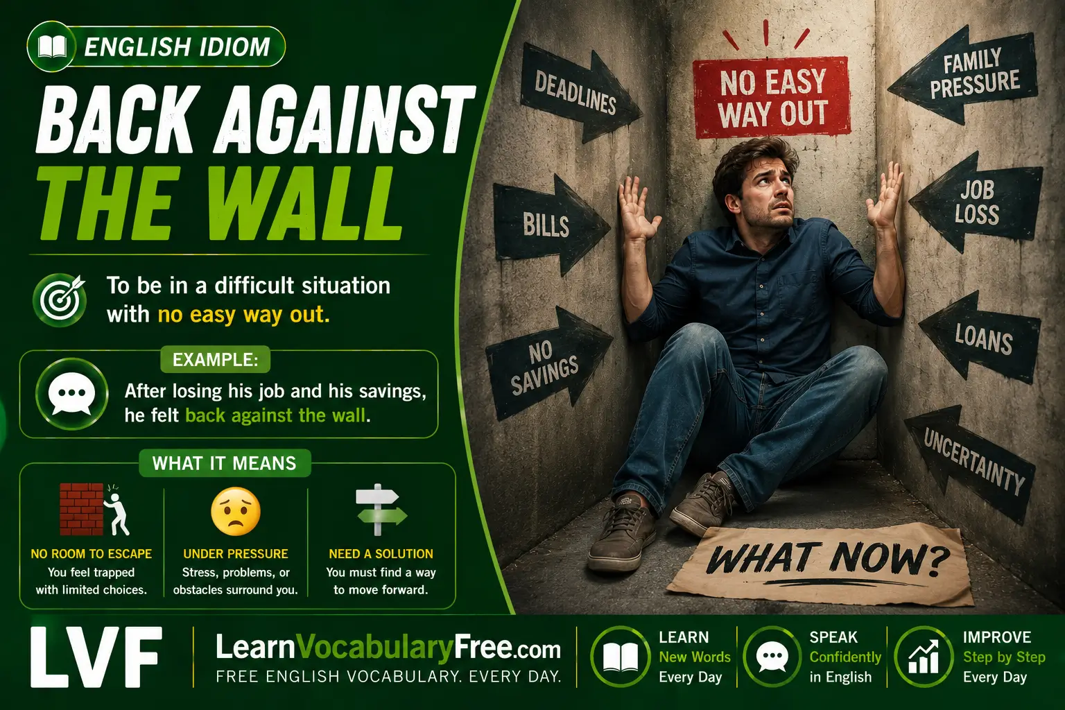 Back Against the Wall idiom meaning visual - difficult situation with limited choices
