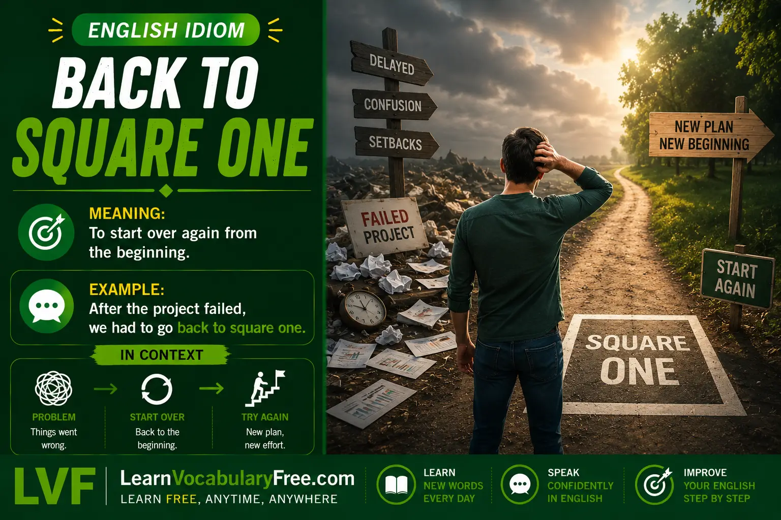 Back to Square One idiom meaning visual - return to the starting point after failure