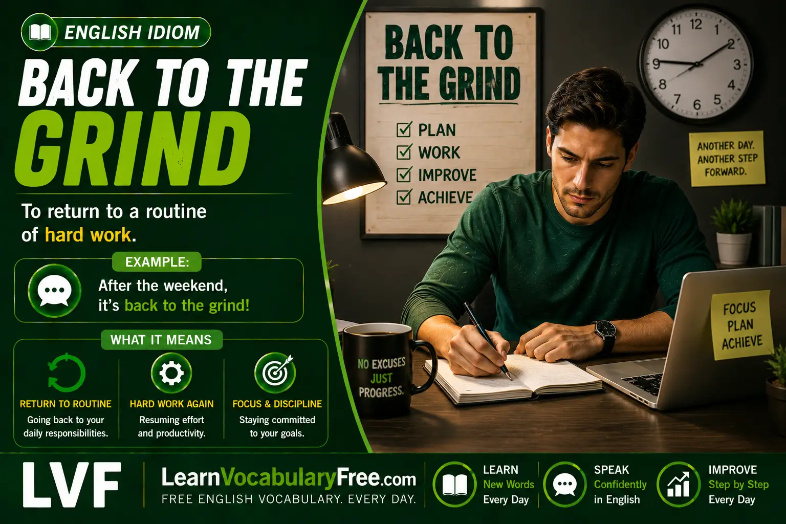 Back to the Grind idiom meaning visual - return to regular work after a break