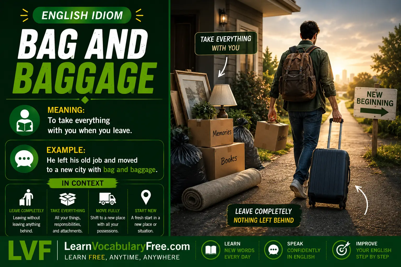 Bag and Baggage idiom meaning visual - moving or traveling with all belongings