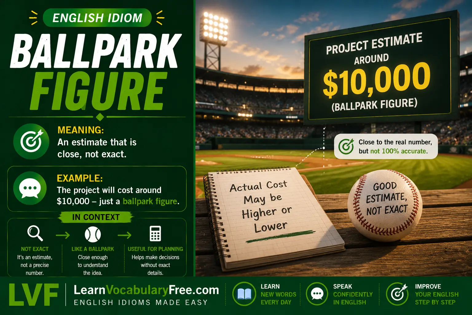Ballpark Figure idiom meaning visual - approximate number or estimate
