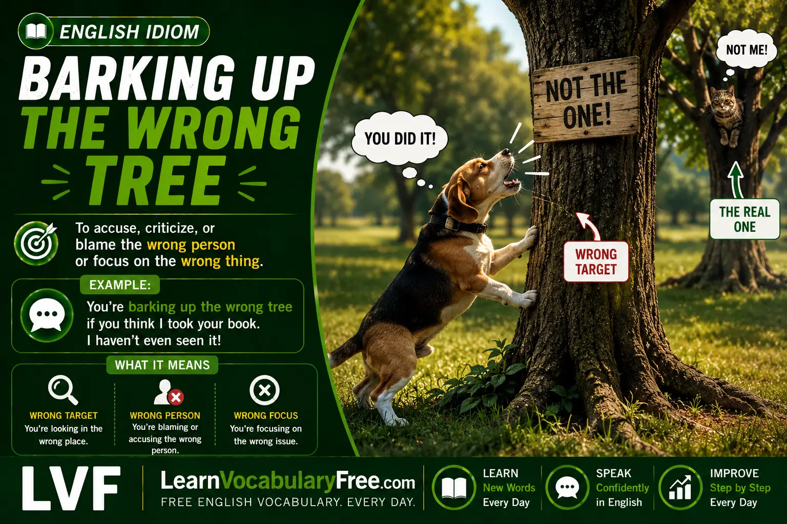 Barking Up the Wrong Tree idiom meaning visual - pursuing the wrong idea or approach