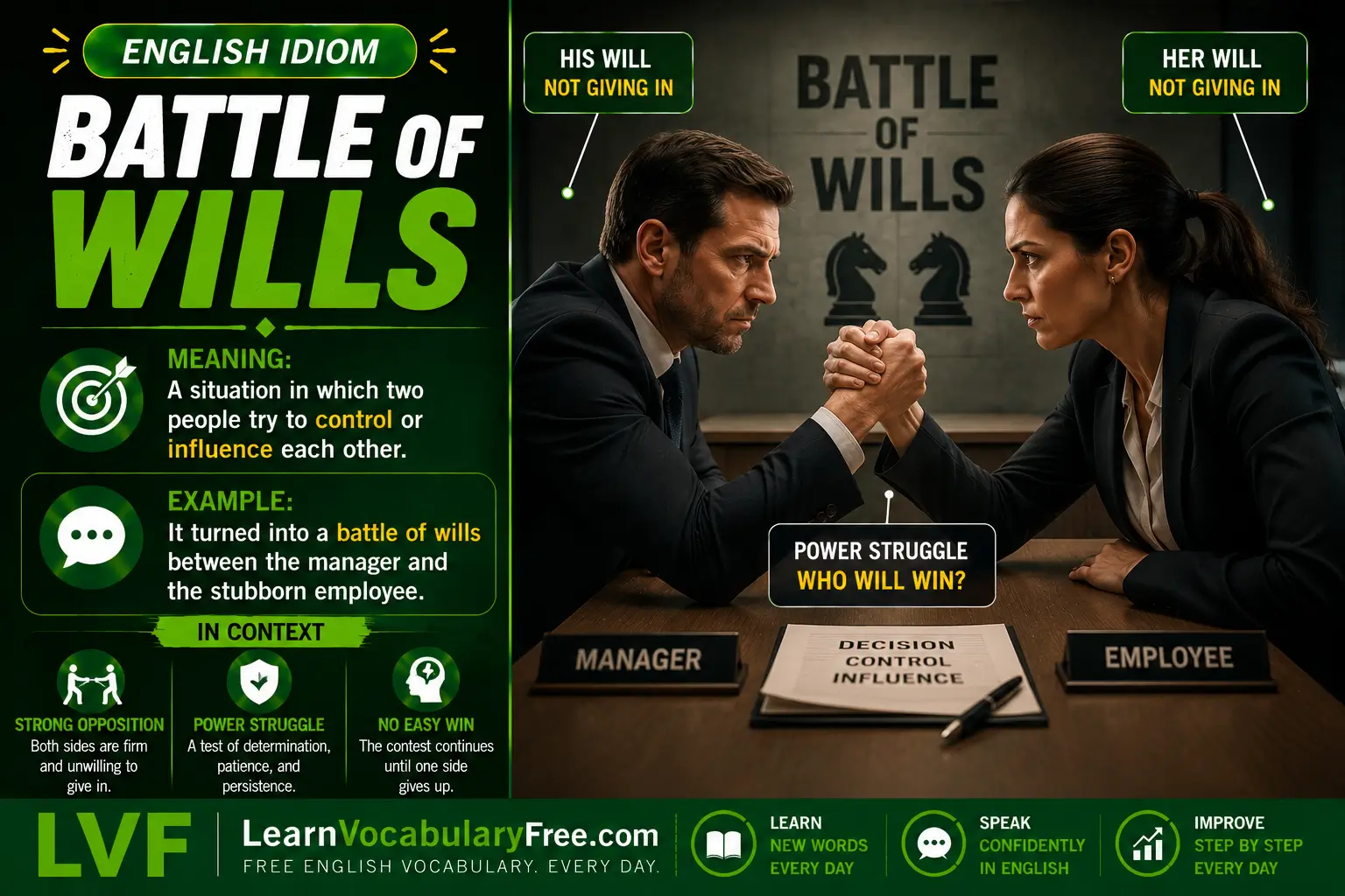 Battle of Wills idiom meaning visual - a strong conflict where both sides refuse to give in