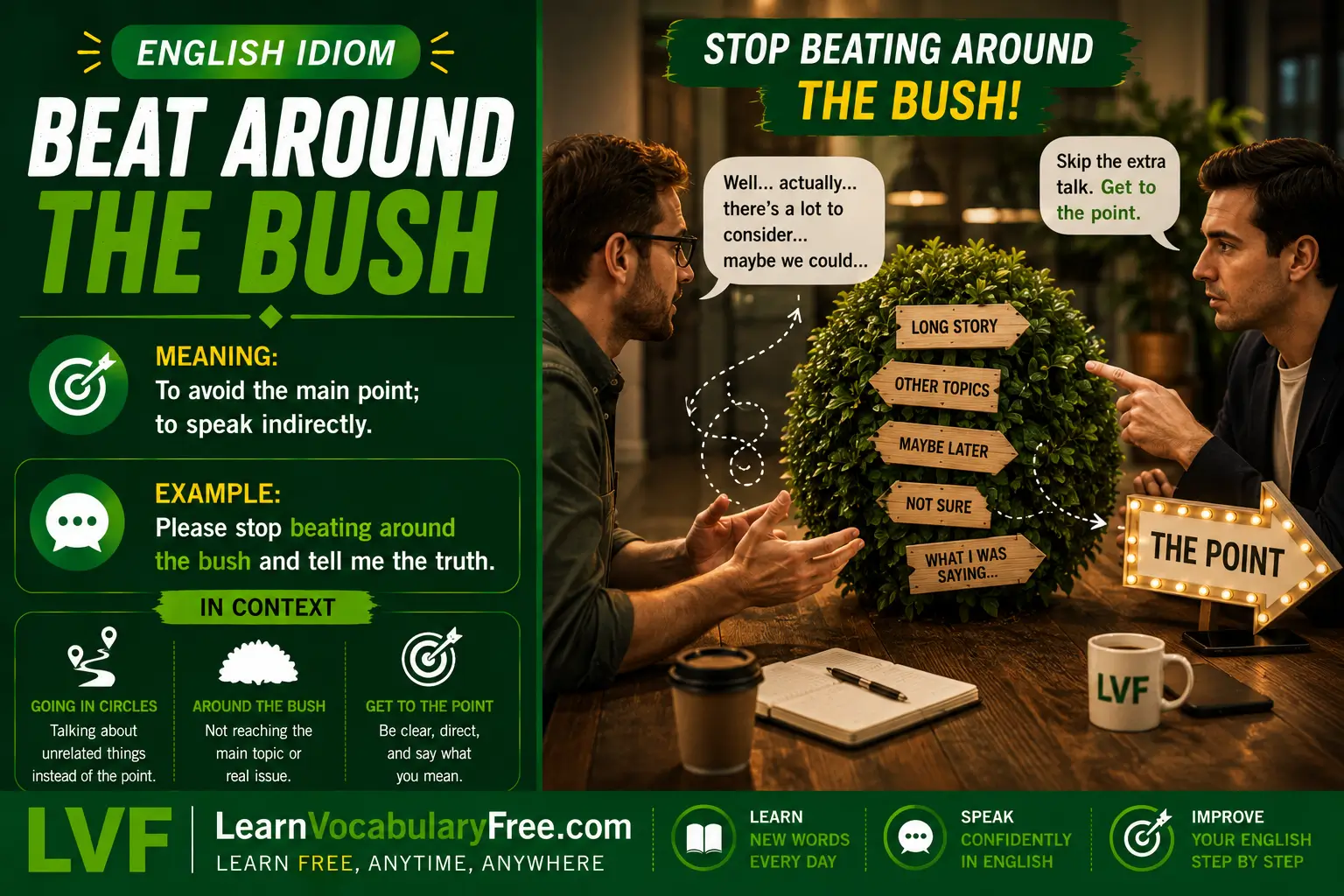Beat Around the Bush idiom meaning visual - avoid saying something directly