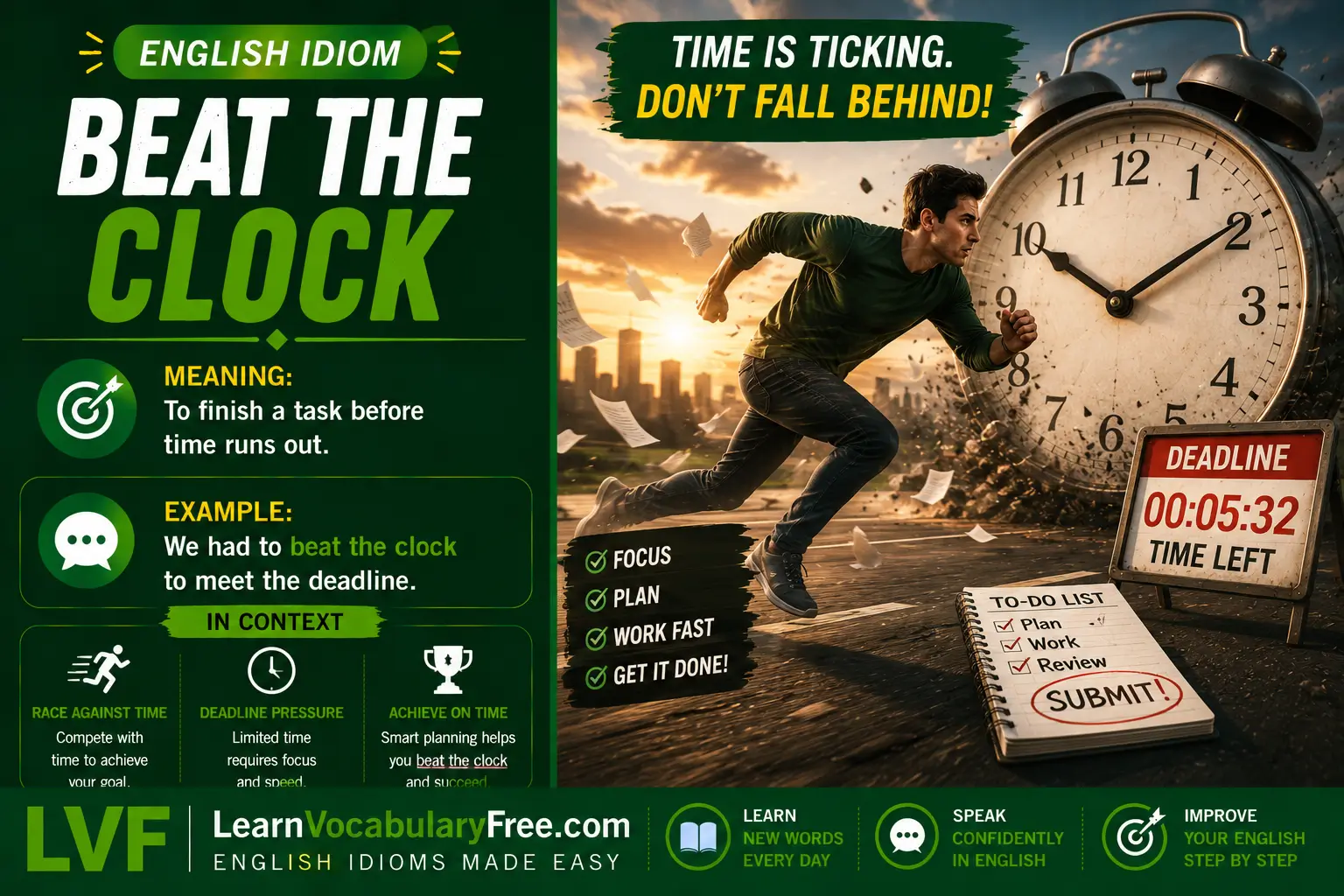 Beat the Clock idiom meaning visual - finish something before a deadline