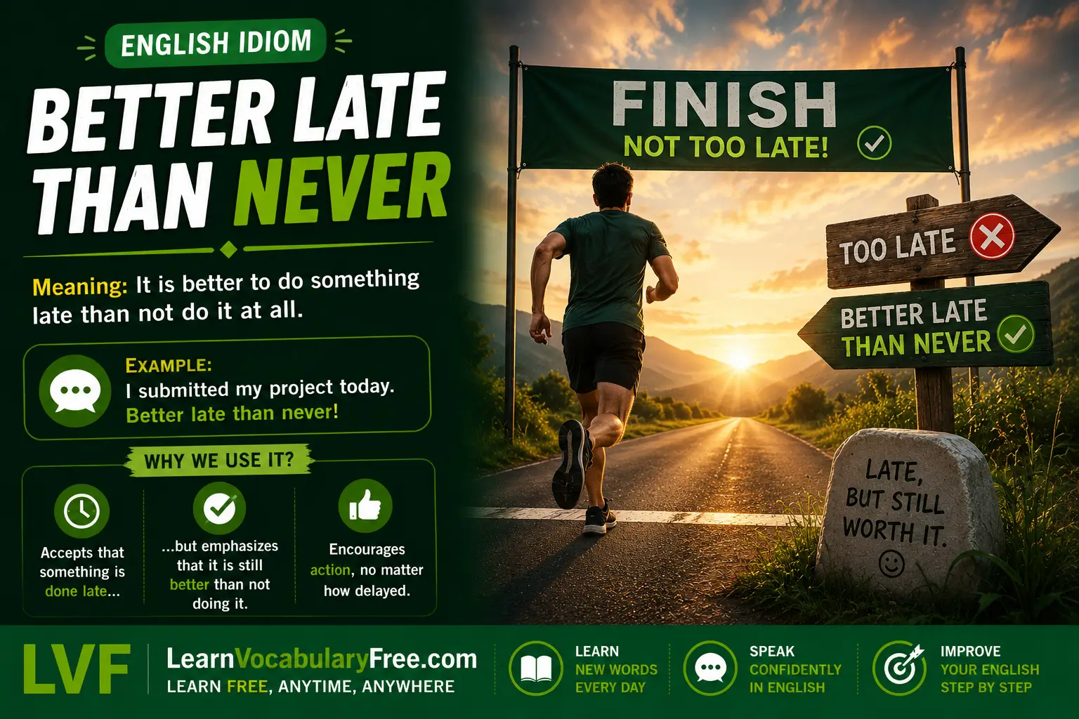 Better Late Than Never idiom meaning visual - doing something late is better than not doing it at all