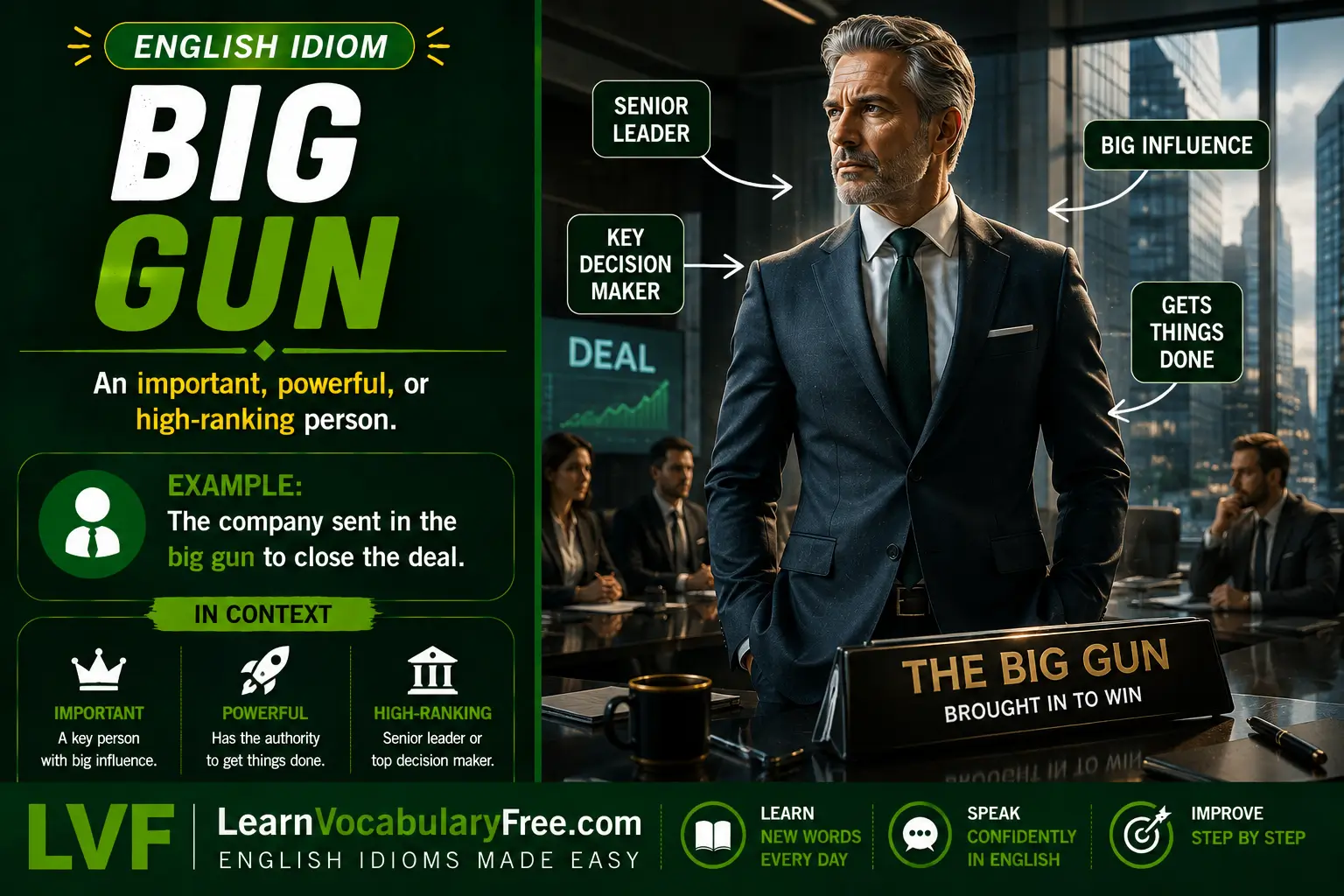Big Gun idiom meaning visual - an important or powerful person with influence